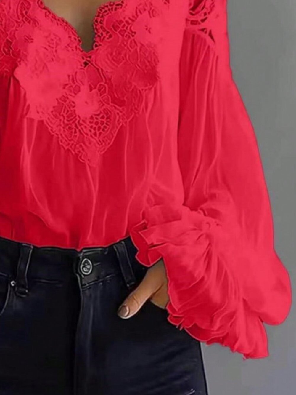 Red Casual Women's Lace Trim V-Neck Blouse - Picture 3 of 3